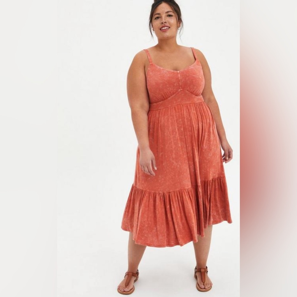 Torrid Tiered Midi Skater Dress - Super Soft Orange Wash